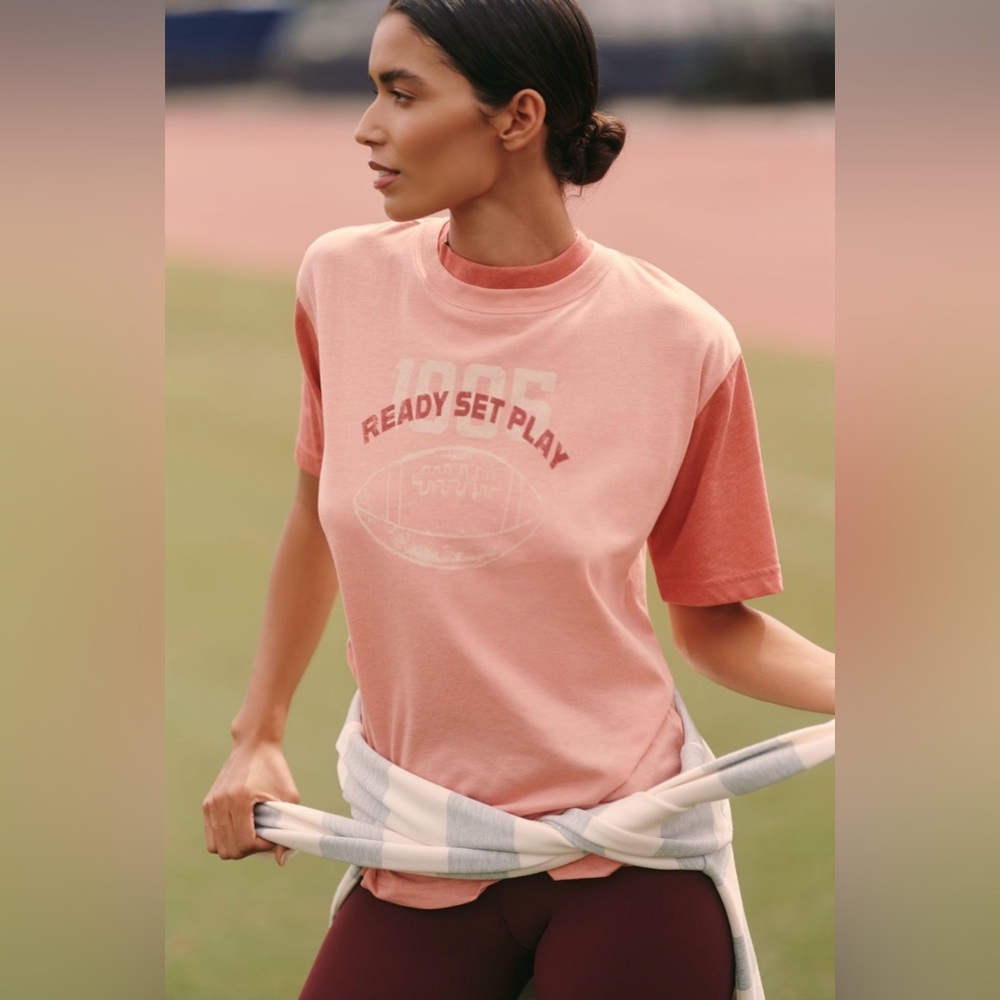 Anthropologie NWT Daily Practice Runner Cotton Blend Graphic Tee Top Pink Size M